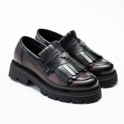 pantofi loafers dama bordo piele naturala franjuri vagam 2085